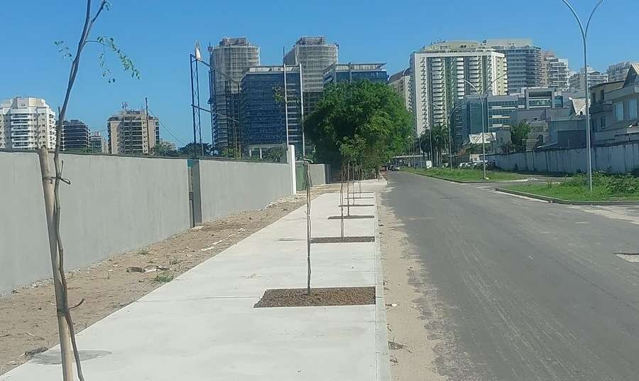 Depois: muro definitivo, calçada pronta e mudas de árvores