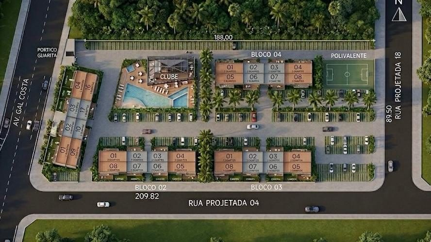 Planta de implantação com os blocos 1 a 4, o clube, a quadra polivalente e o estacionamento